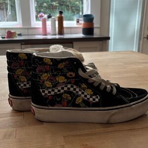Vans High Top Floral Checkerboard Sneakers - Black/Yellow/Pink